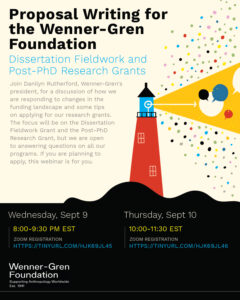 A poster with an image of a lighthouse on it and text advertising the proposal writing workshop for the Dissertation Fieldwork Grant and the Post-PhD Research Grant.