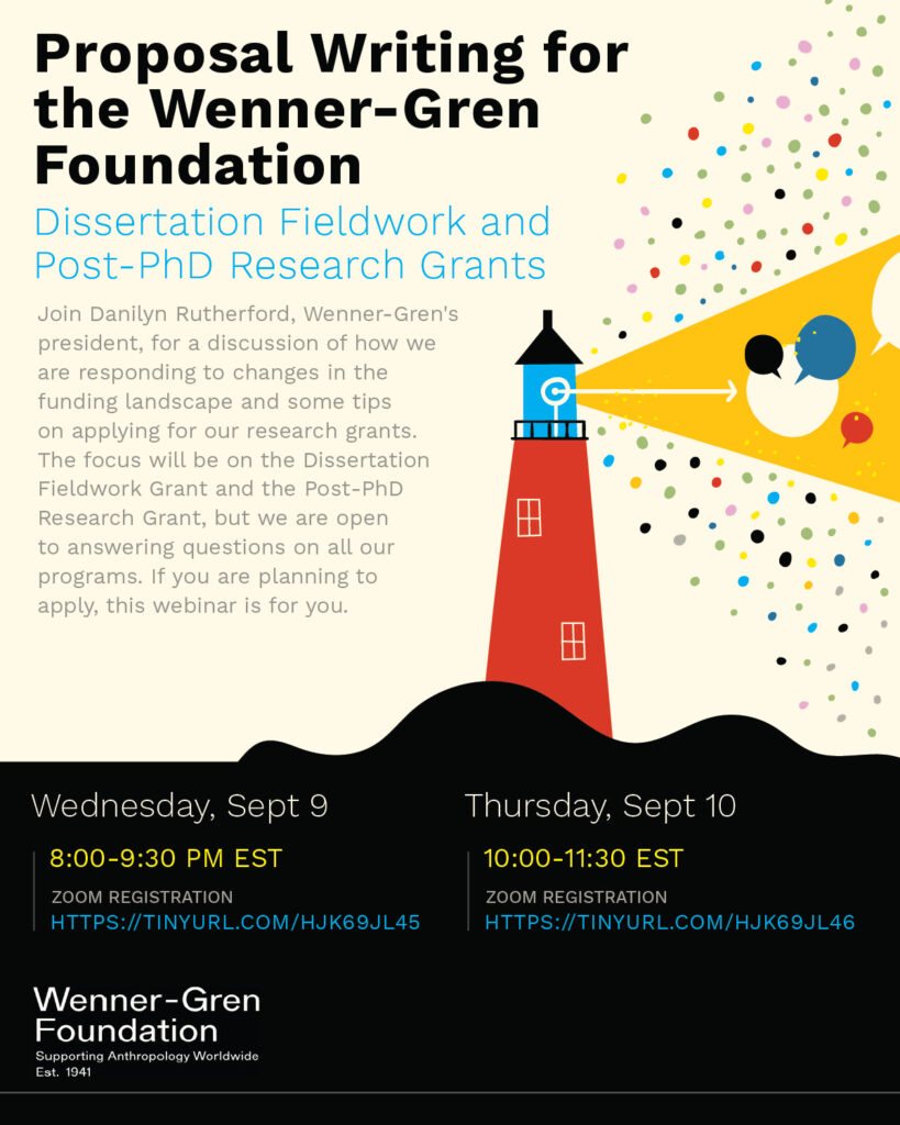 A poster with an image of a lighthouse on it and text advertising the proposal writing workshop for the Dissertation Fieldwork Grant and the Post-PhD Research Grant.