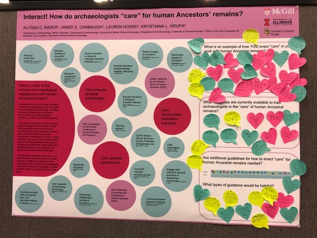 A poster with the following written at the top, "Interact! How do archaeologists “care” for human Ancestors’ remains?"